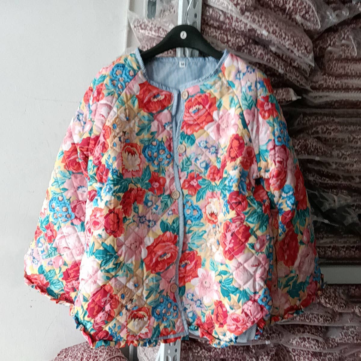 FLORAL PRINT CREW NECK PUFF SLEEVE QUILTED JACKETS