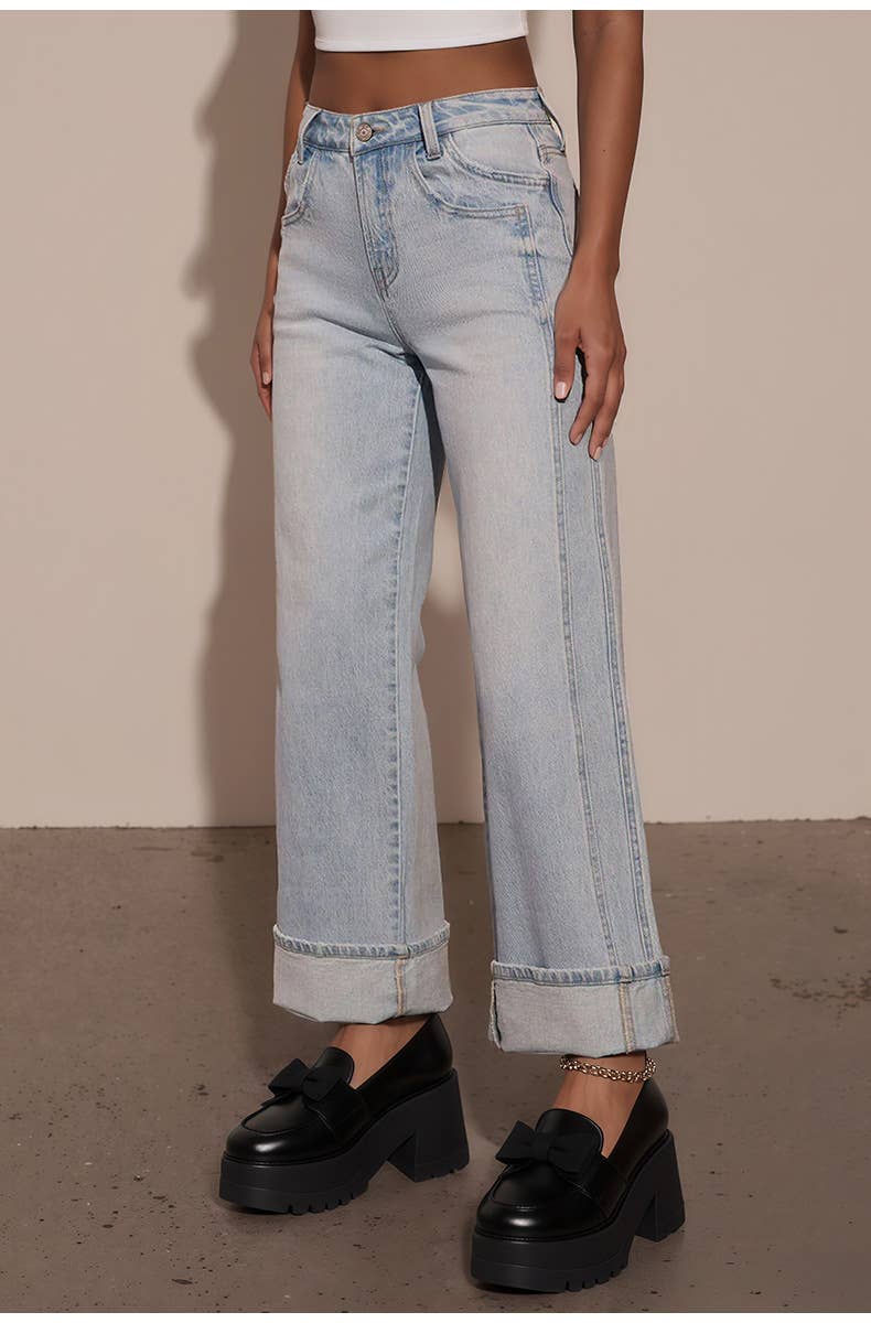 High-waisted retro fringed denim trousers