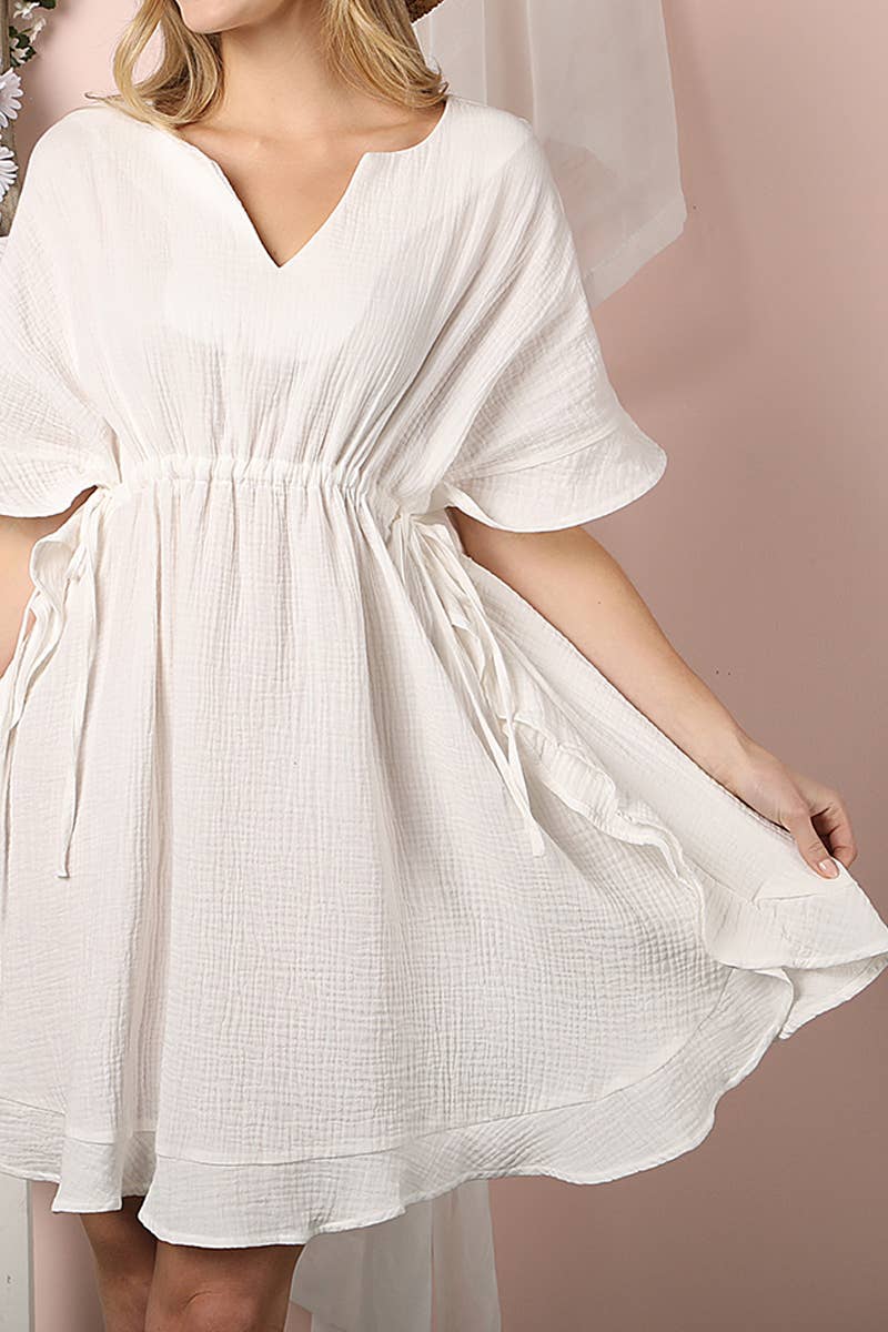 CWDSD10360_DRAWSTRING WAIST SOFT COTTON RUFFLE HEM DRESS