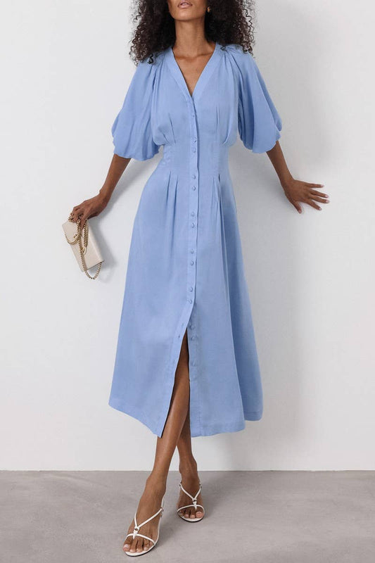 CWDMD6089_LINEN COTTON V NECK PUFF SLEEVE SLIM DRESS