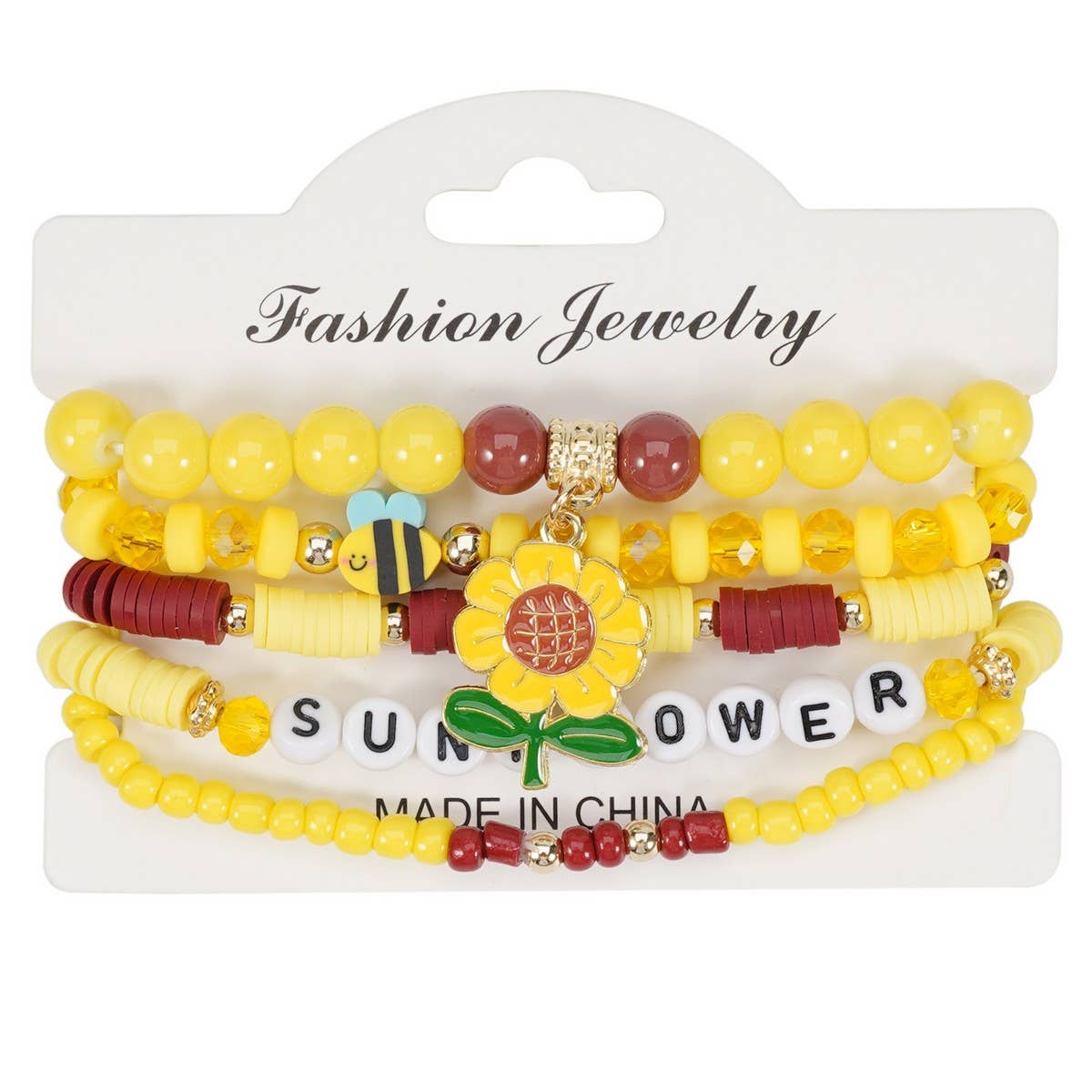 CWAJE05713_BEE SUNFLOWER CHARM BEADED STRETCH BRACELET
