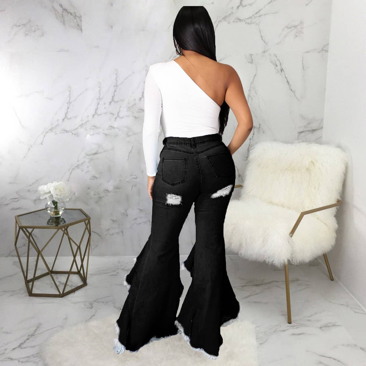 HOLE WASHED DENIM BELL BOTTOMS WIDE LEG PANTS_CWJP0086