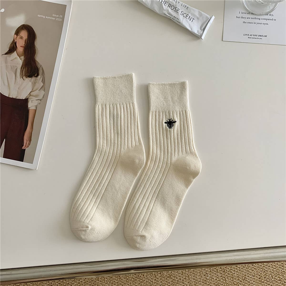 EMBROIDERED MID-CALF VERTICAL KNITTED PILE SOCKS