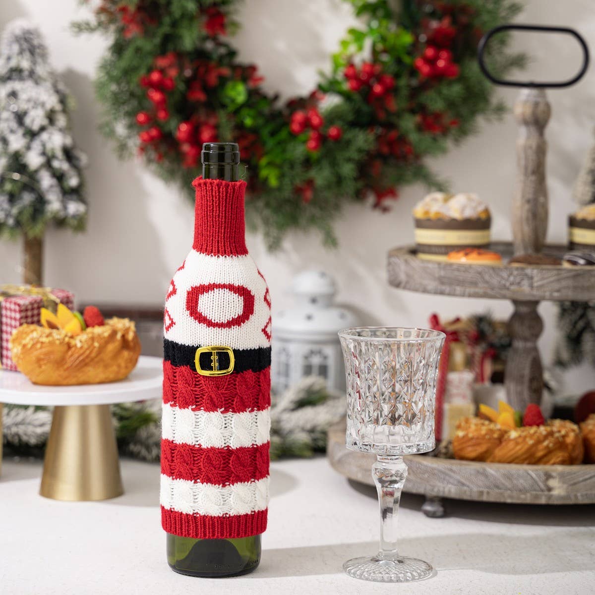 CWMM10337_KNITTED LETTER WINE BOTTLE COVER RED WHITE STRIPES