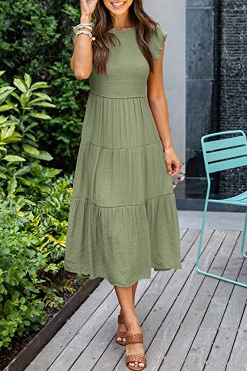 CWDMD2568_FLYING SLEEVE SHIRRED LAYERED SHORT SLEEVE DRESS