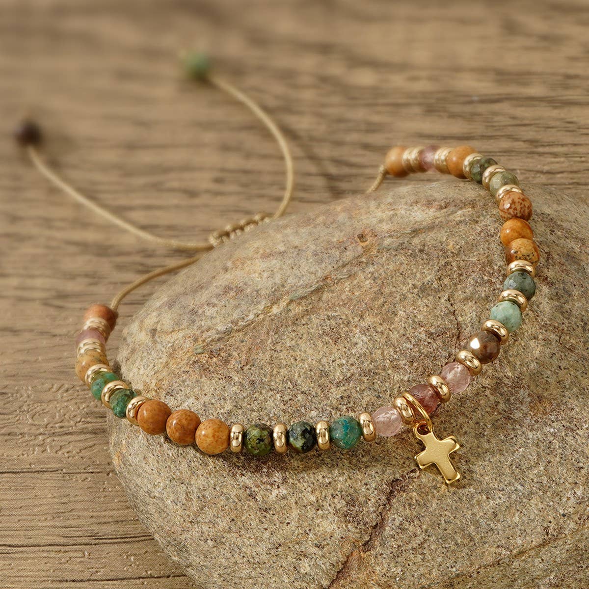 GOTHIC CROSS NATURAL SEMI-PRECIOUS STONE BRACELET_CWAB4626