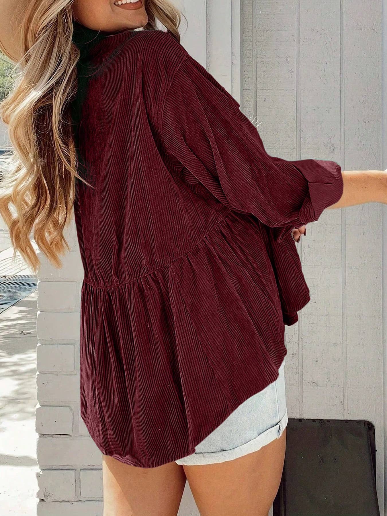 LAPEL SINGLE BREASTED CORDUROY PLEATED COAT