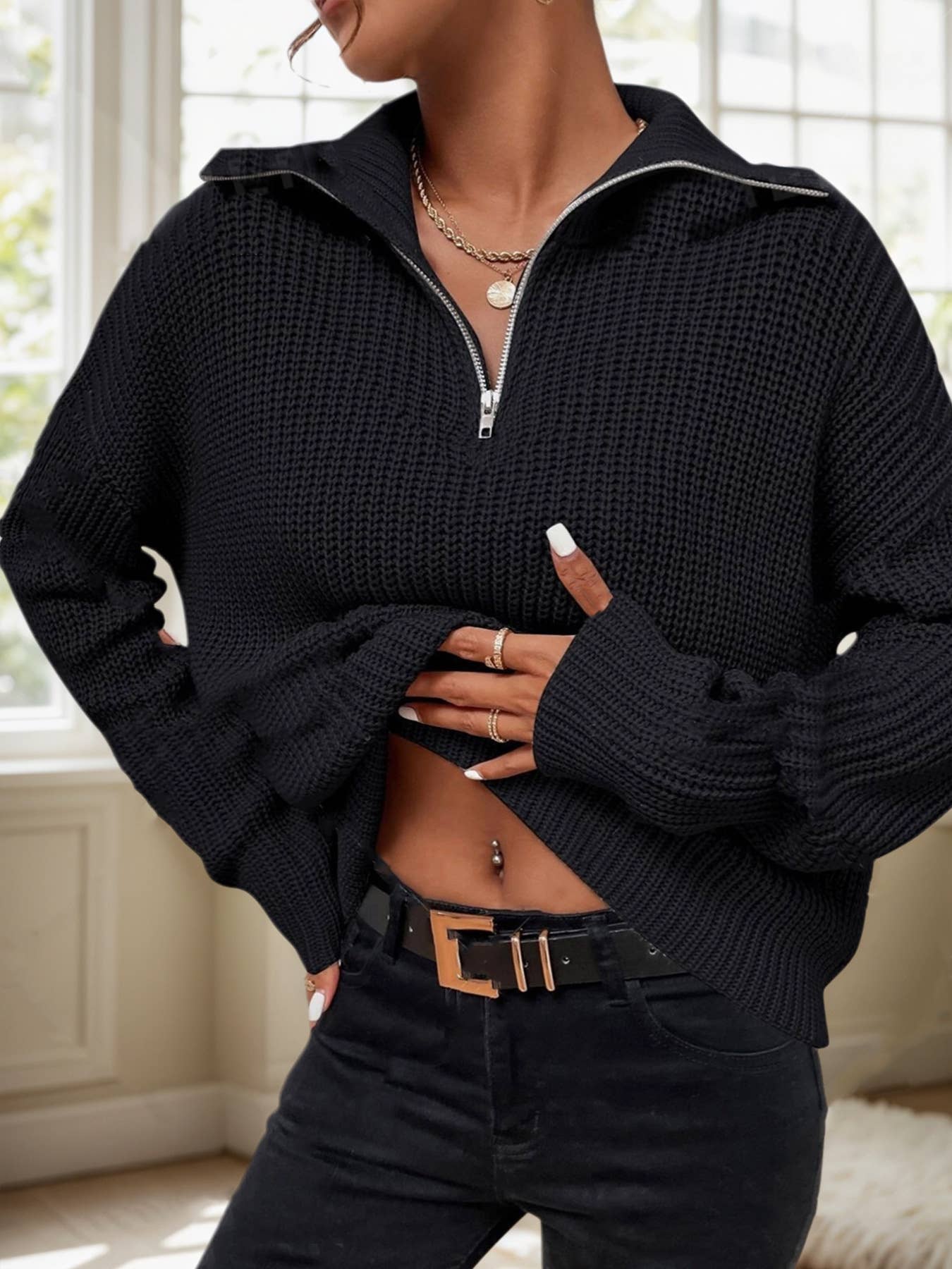 Solid-color high-neck zipper lapel sweater
