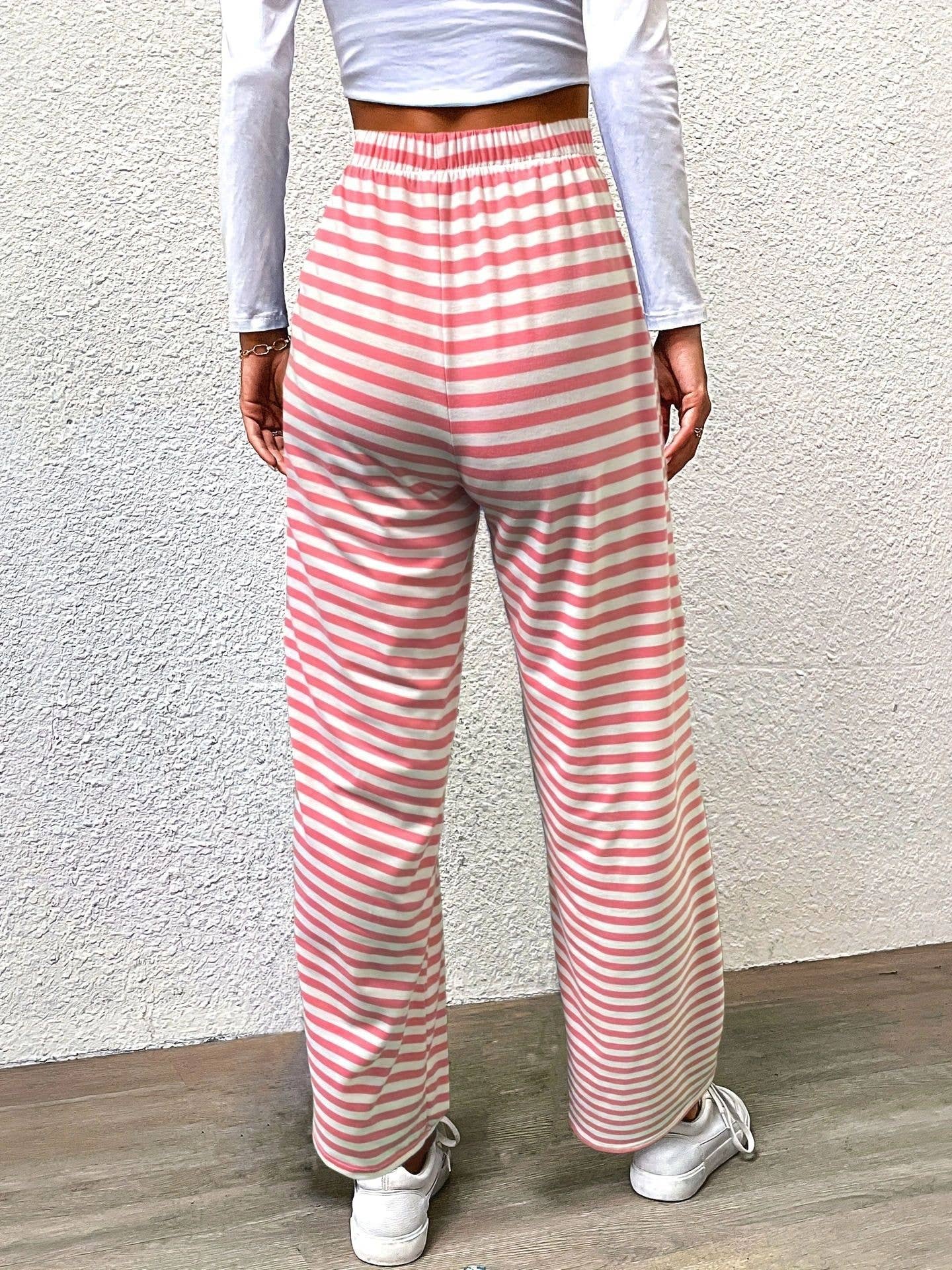 STRIPED WIDE-LEG BELTED HIGH-WAISTED YOGA PANTS