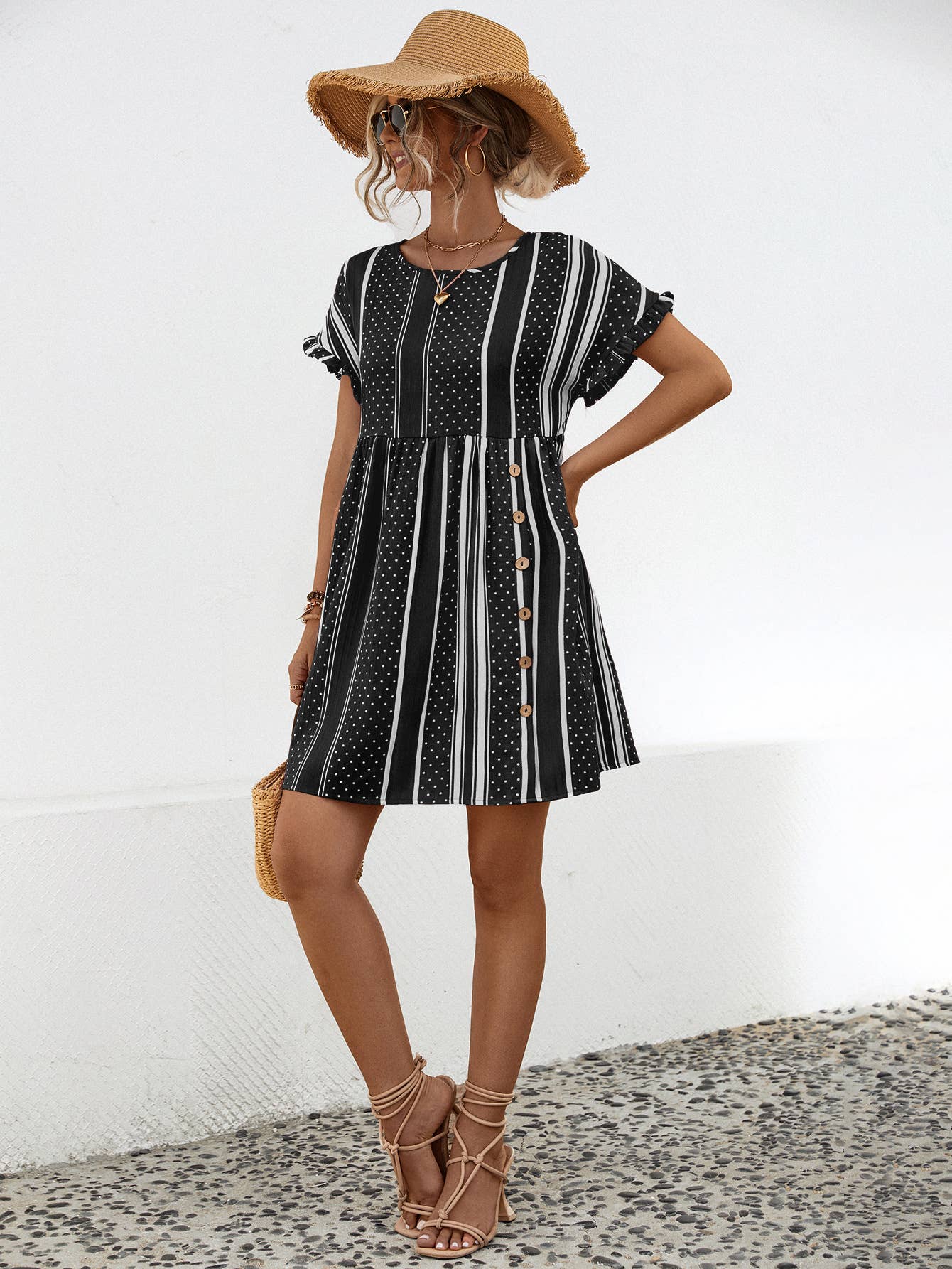 Round neck high waist button-up short dress