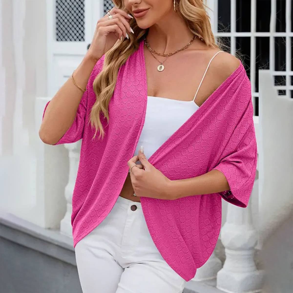 SOLID COLOR CIRCLE SHORT SLEEVE CARDIGAN_CWOCAS0017