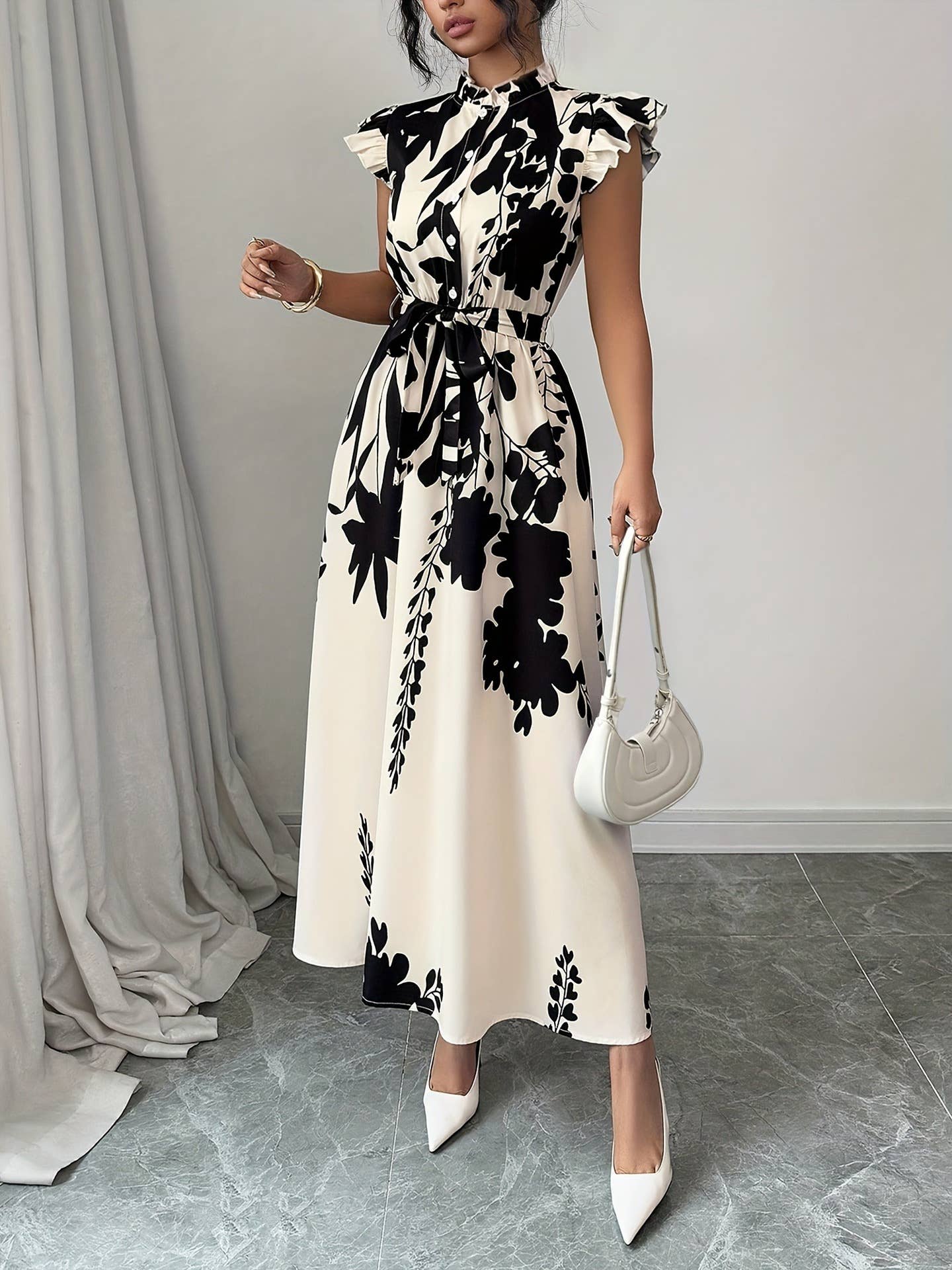 Ethnic-style stand-up collar cinched waist dress