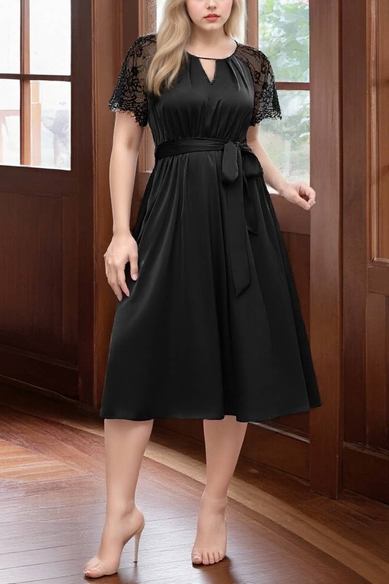 CWDMD6442_LACE PANELED TIE WAIST A-LINE EVENING DRESS