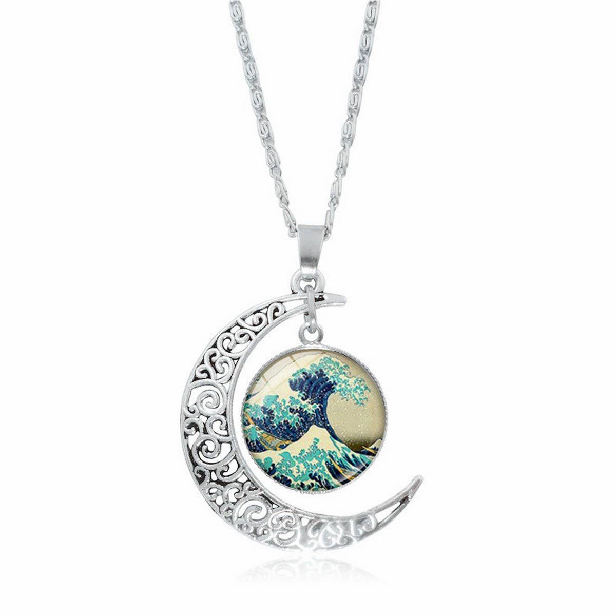 HOLLOW OUT MOON GEM PENDANT NECKLACE