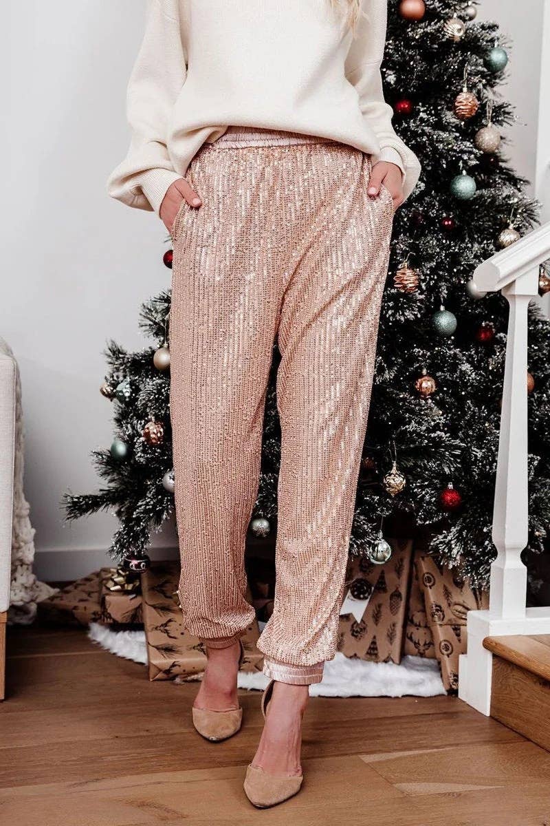 THIN ELASTIC LEG SEQUIN BASIC WOMEN'S PANTS