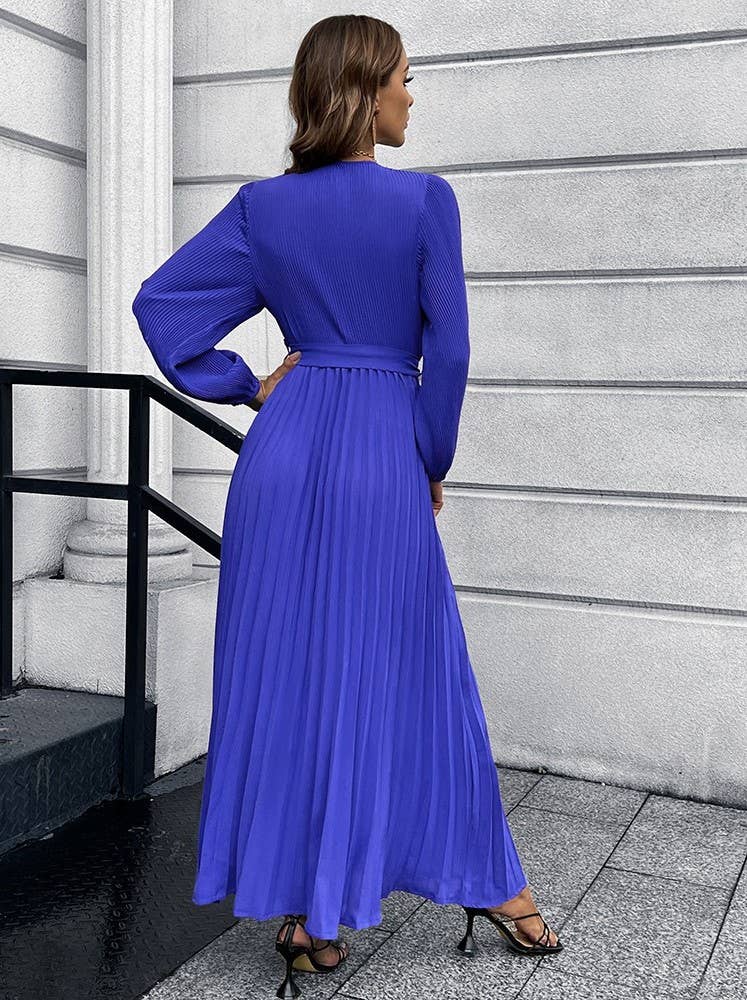 V Neck Long Sleeve Pleated Belted Midi Dress