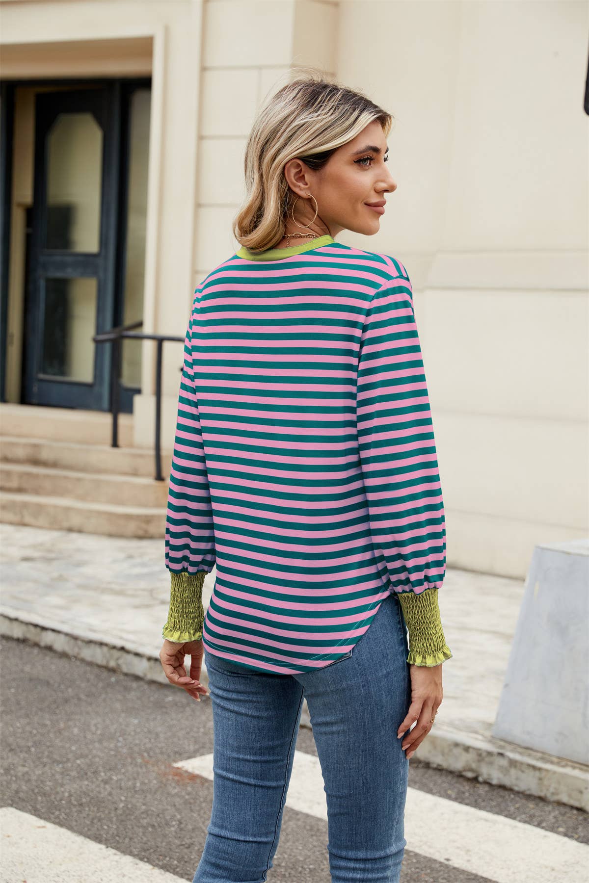 V-neck long-sleeved striped color-blocked top