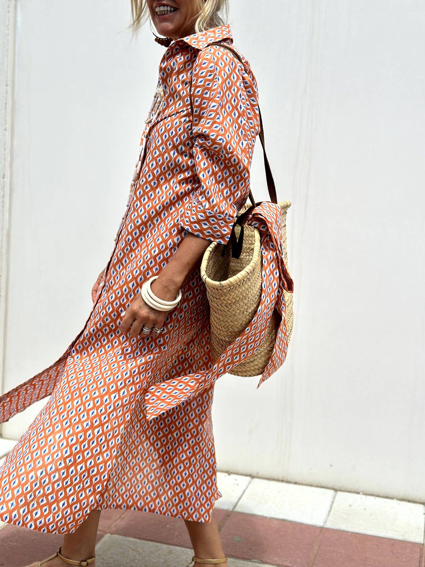 FIVE-QUARTER SLEEVE STRIPED SHIRT DRESS