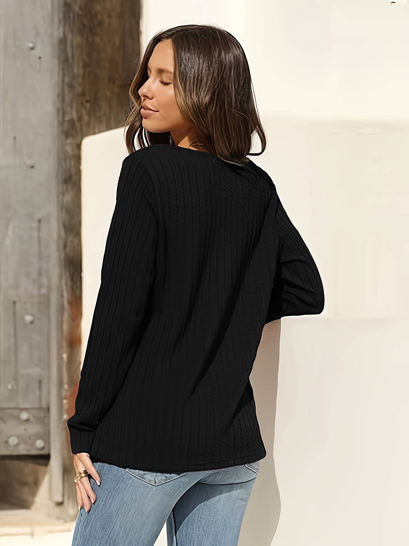 V-NECK T-SHIRT CASUAL JACQUARD TEXTURE KNIT TOP