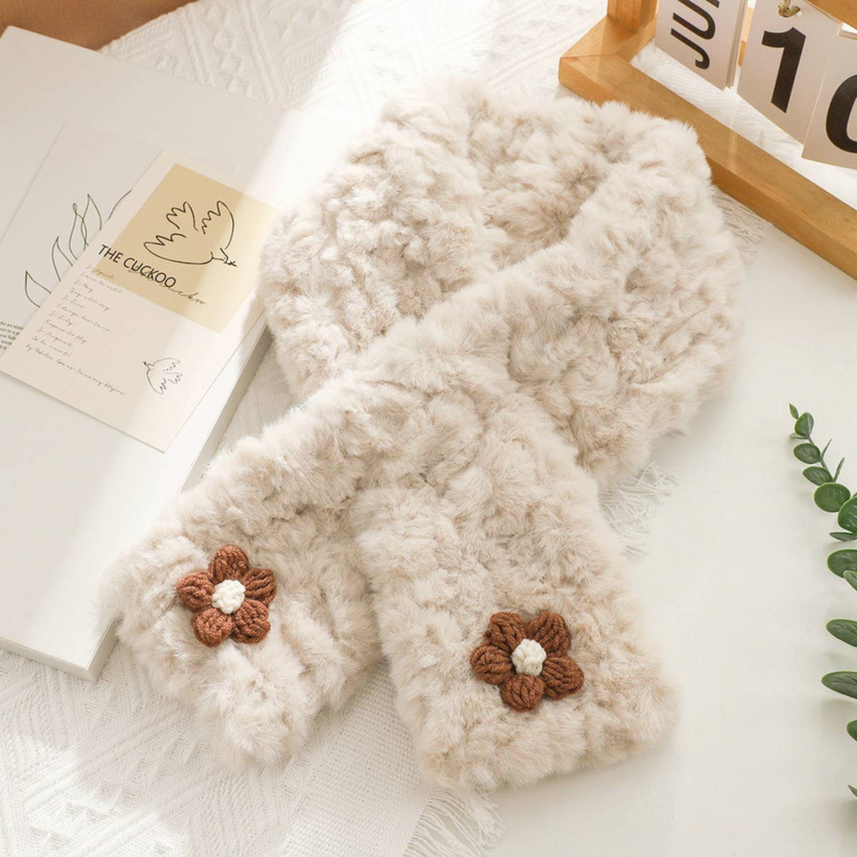Brown Floral Fuzzy Scarf - Neck Wrap for Students_CWASC1251