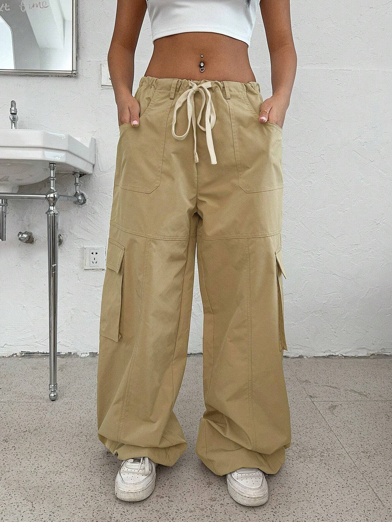 ELASTIC WAIST FUNCTIONAL WIDE LEG PANTS
