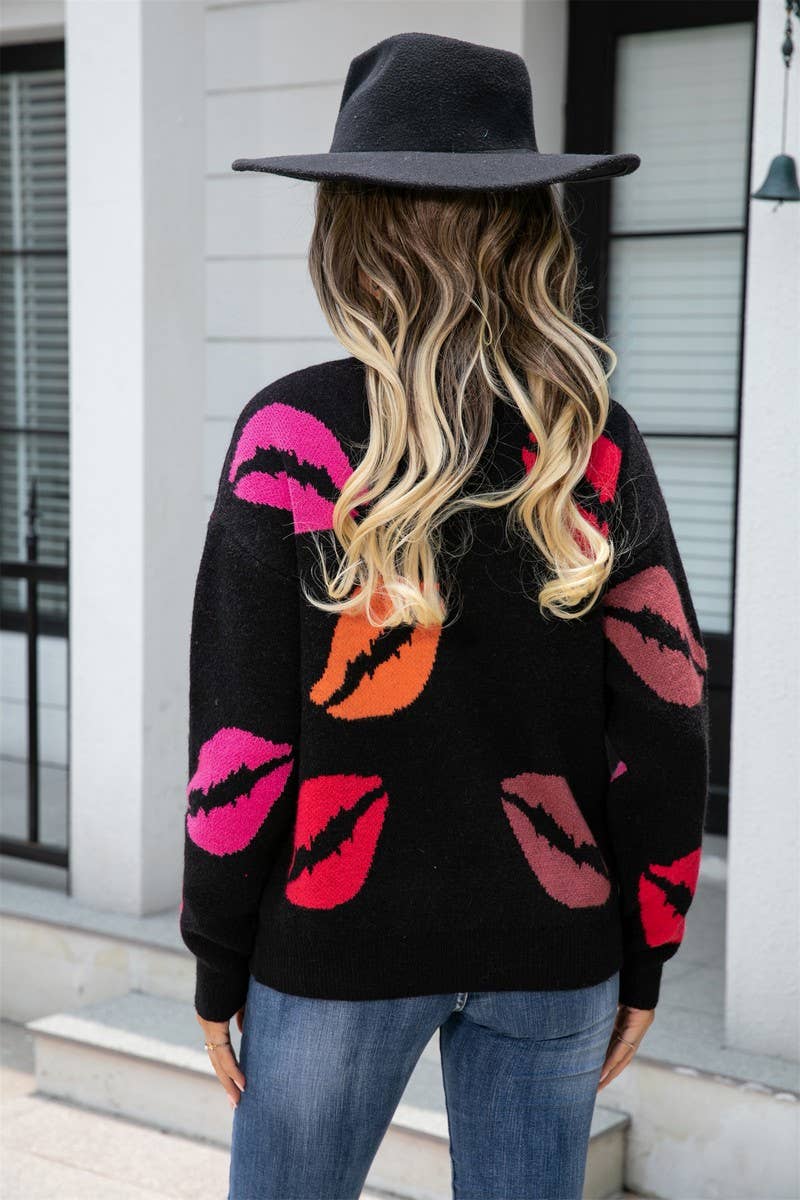 WOMEN LIPS PATTERN V NECK CASUAL SWEATER_CWOSWL1554