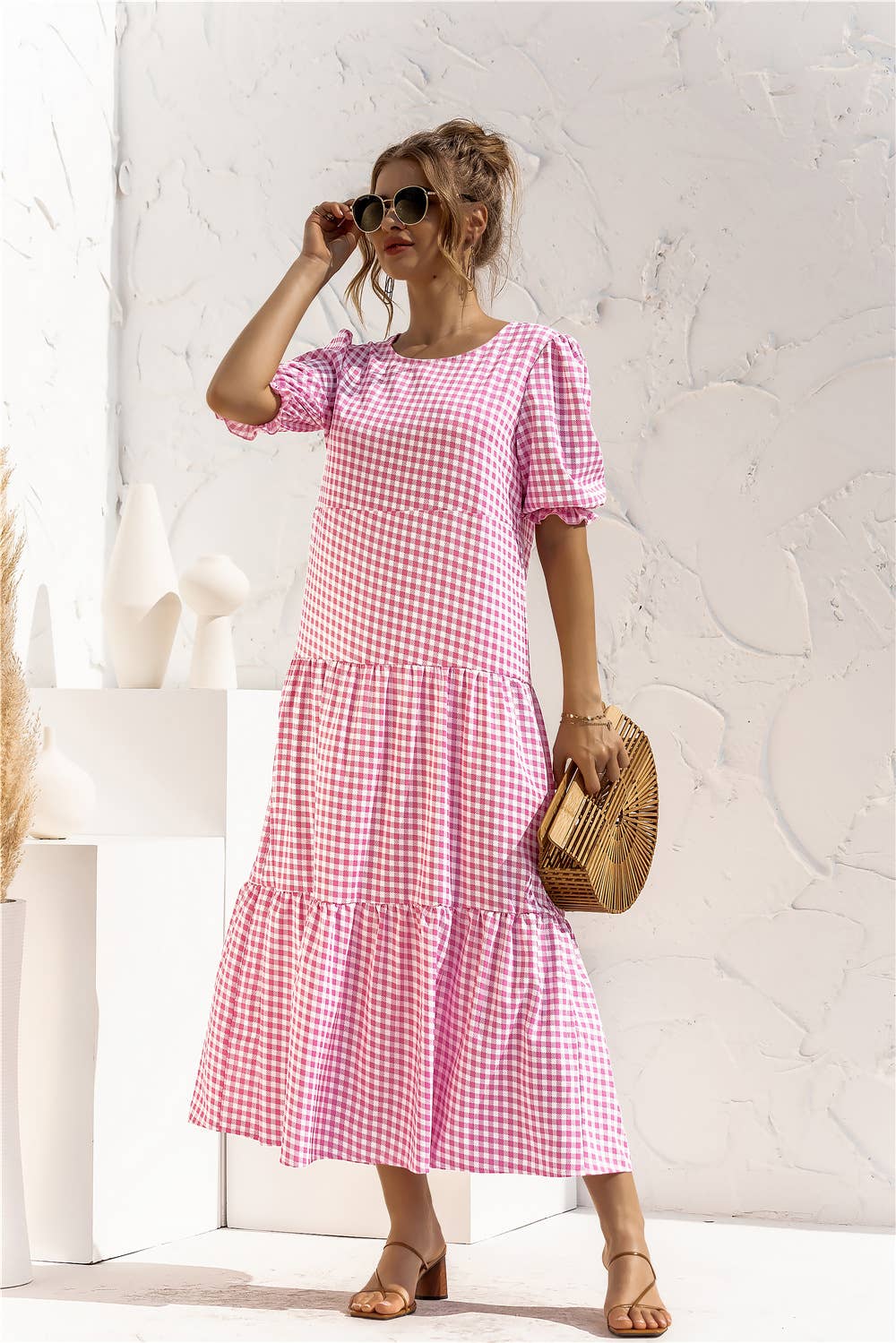 Puffed sleeve polka dot plaid patchwork dress
