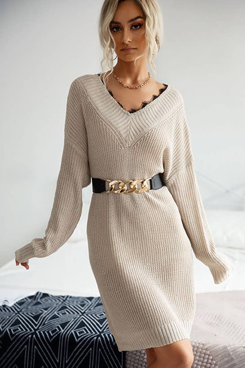 V-NECK SWEATER LACE PATCHWORK LOOSE SWEATER DRESS