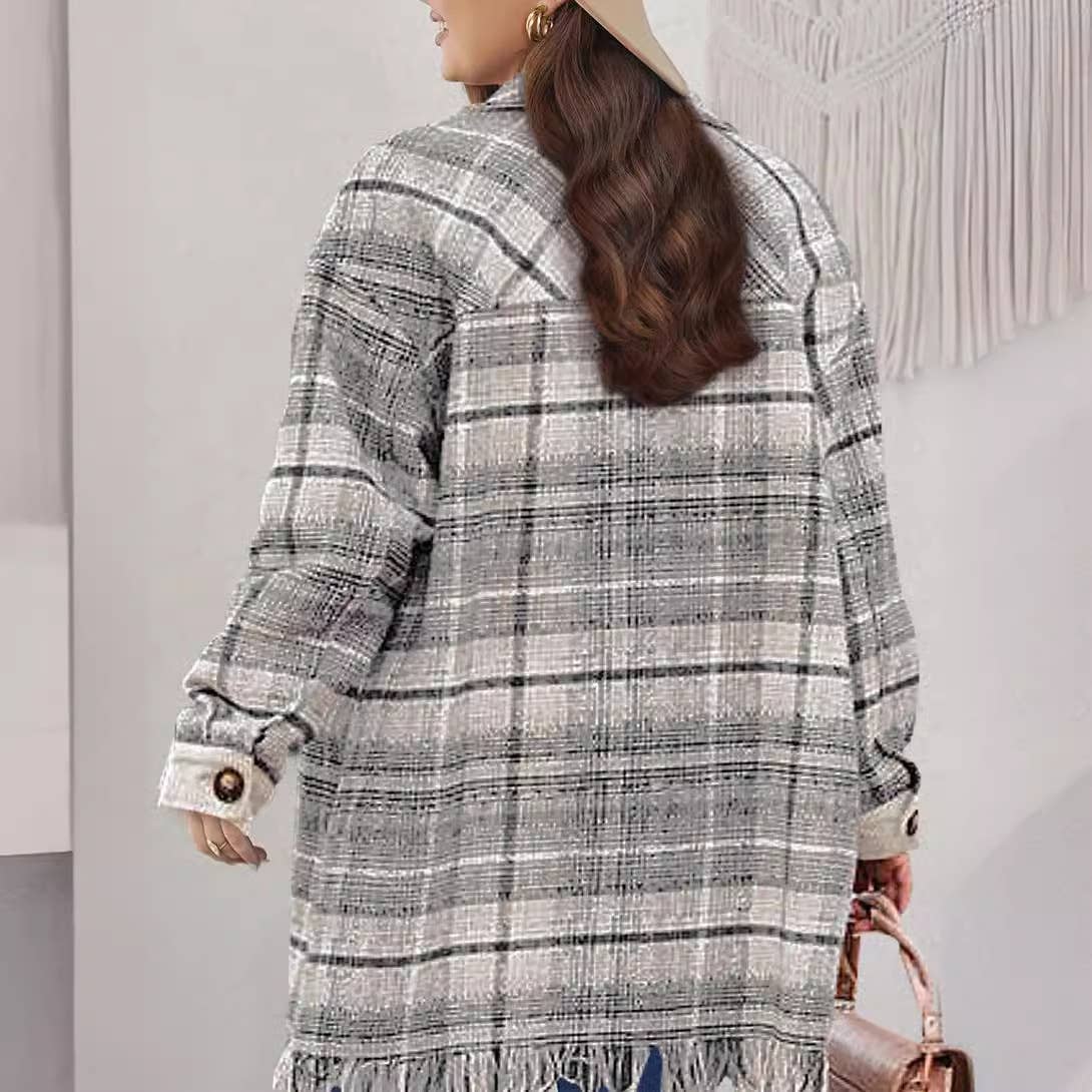 Stylish fringe pocket plaid blouse jacket for women