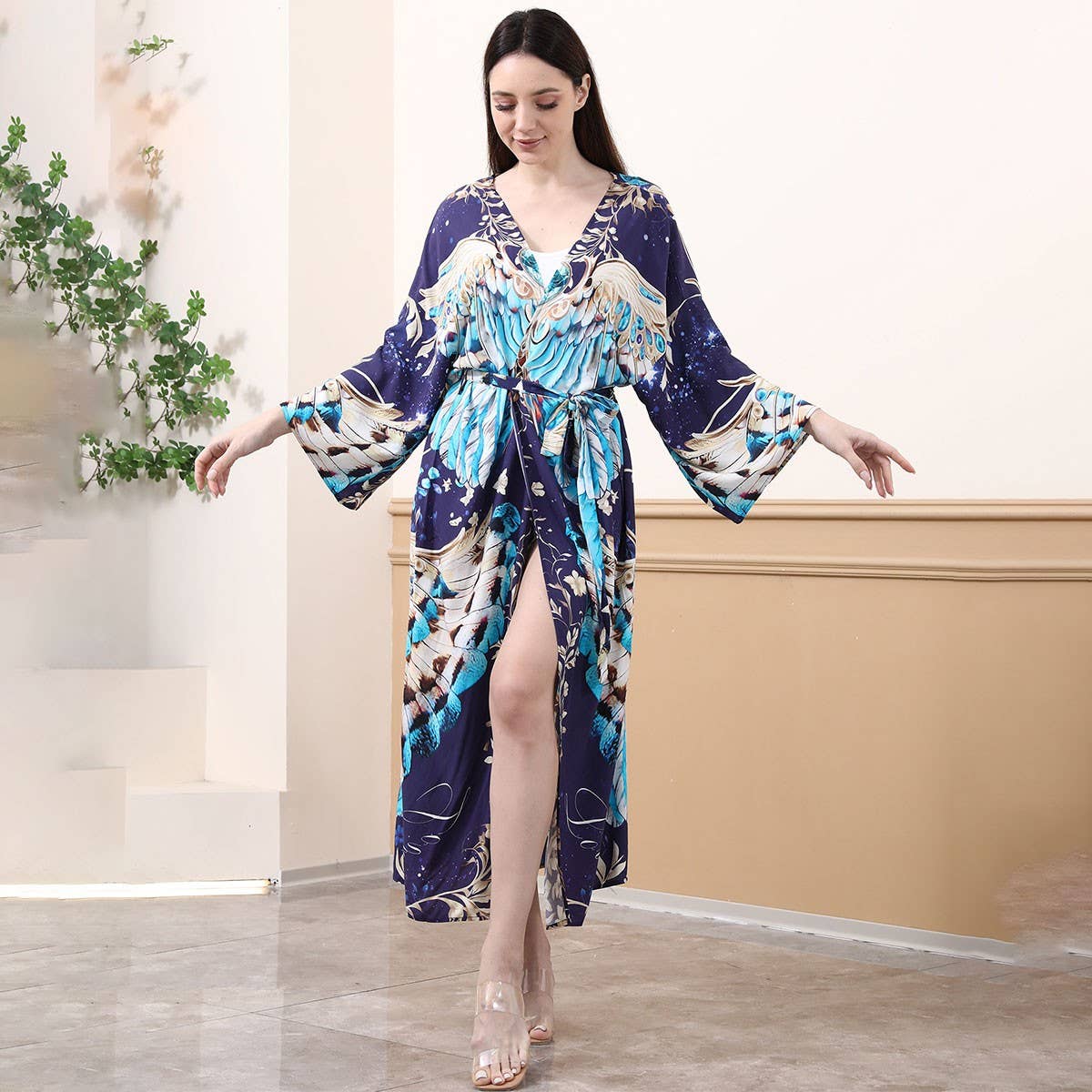 Eagle Print Rayon Beach Kimono Cover-Up