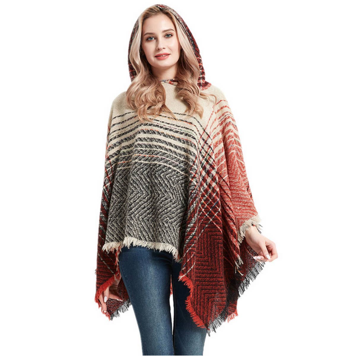 NEW HERRINGBONE GRADIENT HOODED CAPE SHAWL