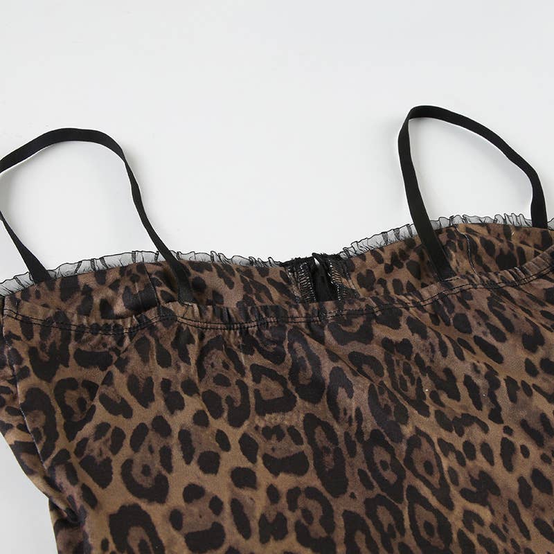 Sexy wood ear lace leopard print halter top