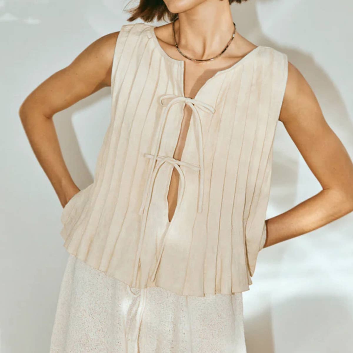 Solid-color strapped cotton linen loose shirt