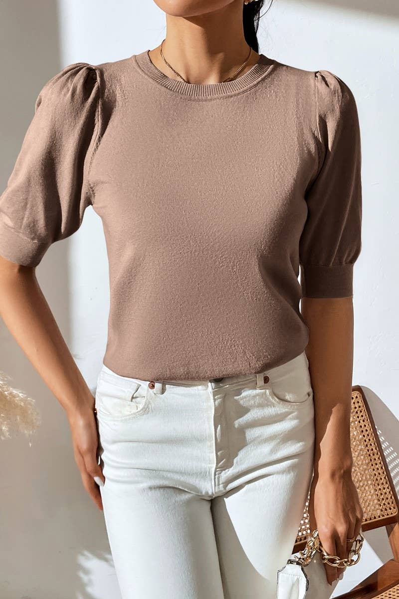 Cwtts0731_Crew Neck Puff Short Slv Soft Pullover Sweater