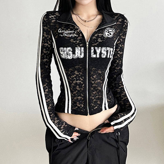 LETTERPRINT CUT-OUT BLAZER STRIPED ZIPPER JACKET