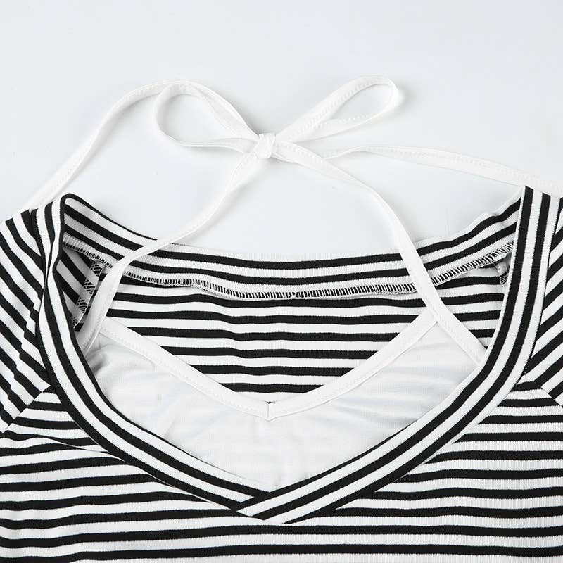 Striped color patchwork V-neck fake two T-shirts