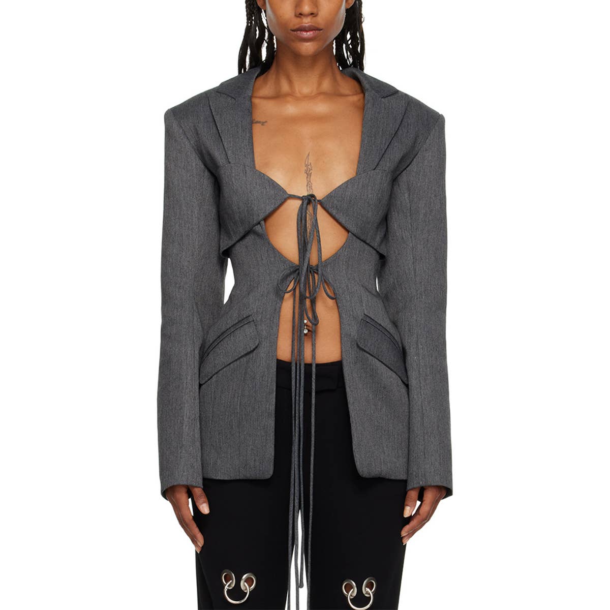 Sexy V-Neck Lace-Up Waist Blazer with Asymmetry