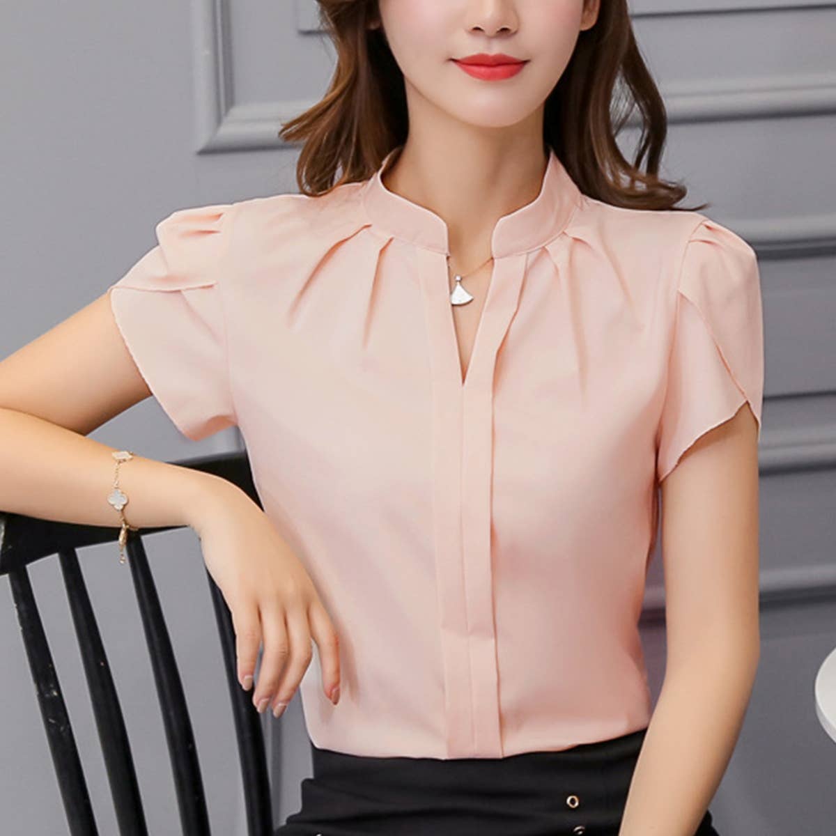 SHORT SLEEVE CHIFFON SHIRT WITH LOTUS SLEEVES