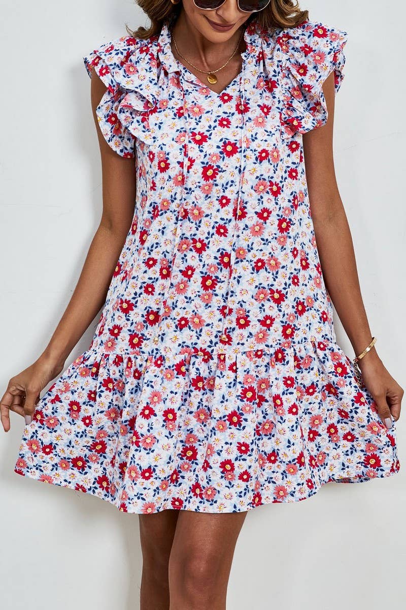 CWDSD7425_RUFFLED SLEEVELESS V-NECK PRINTED LAYERED DRESS