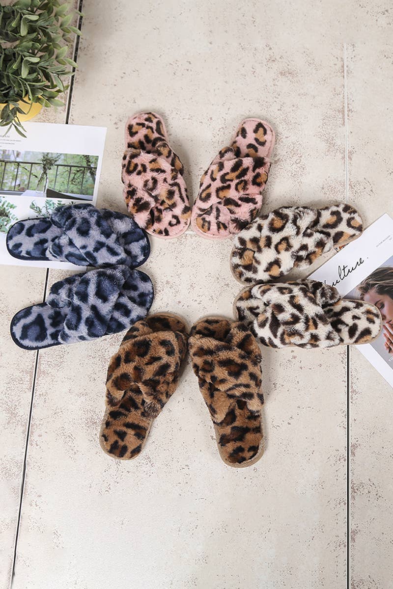 LEOPARD PATTERN CROSS FLUFFY HOME BEDROOM SLIPPERS