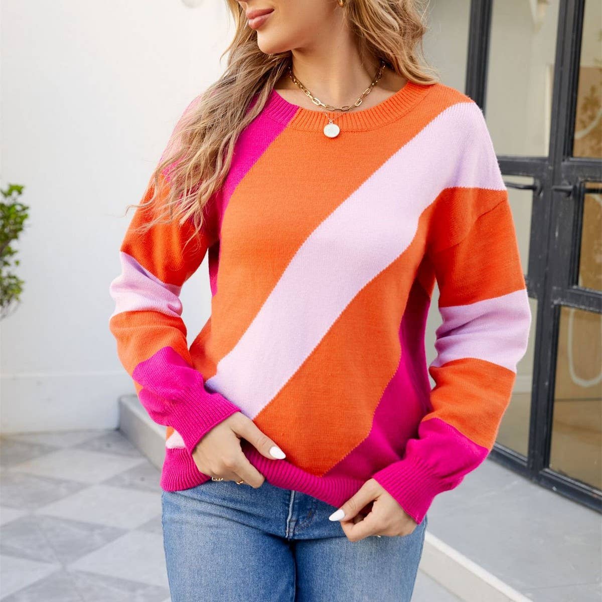 Patchwork Crew Neck Loose Knit Sweater