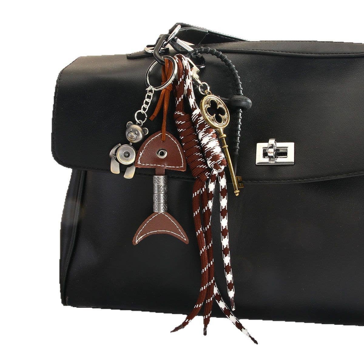 Vintage Leather Fishbone Bear Keychain Charm