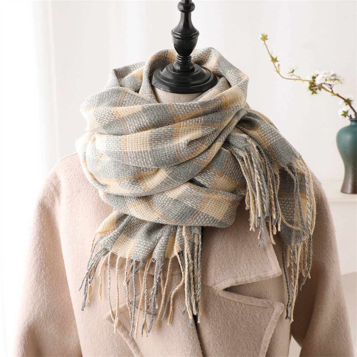 Plaid Faux Cashmere Scarf ??Cozy Long Fringe Wrap_CWASC1442
