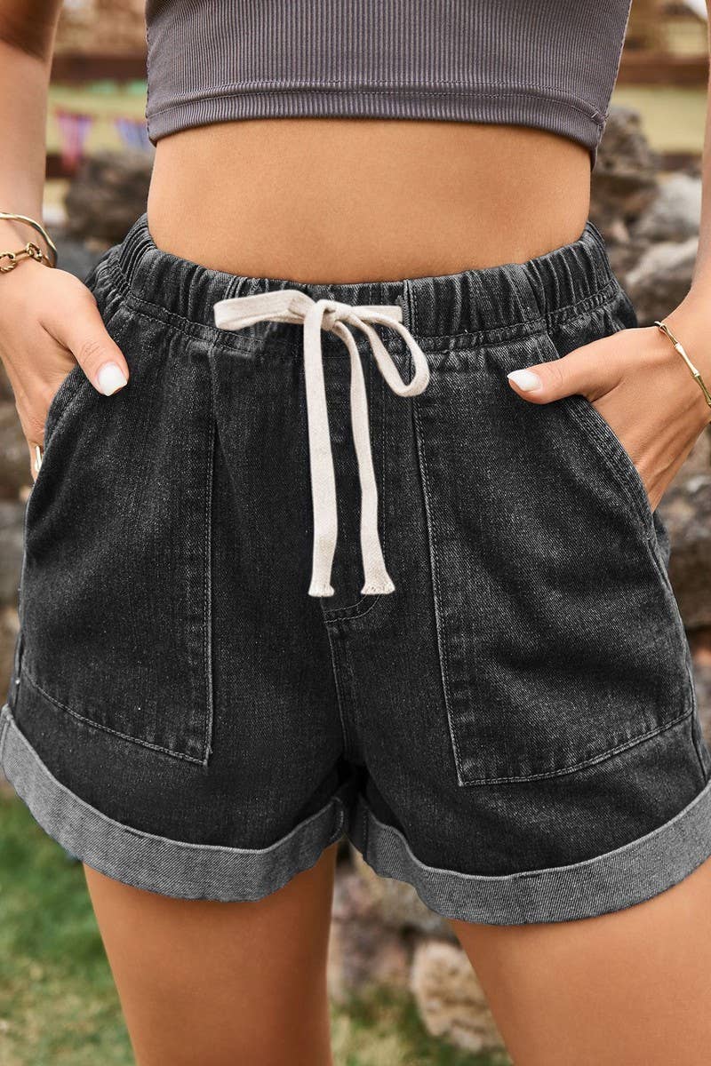 CWJS00039_ELASTIC WAIST CASUAL ROLLED-UP DENIM SHORTS