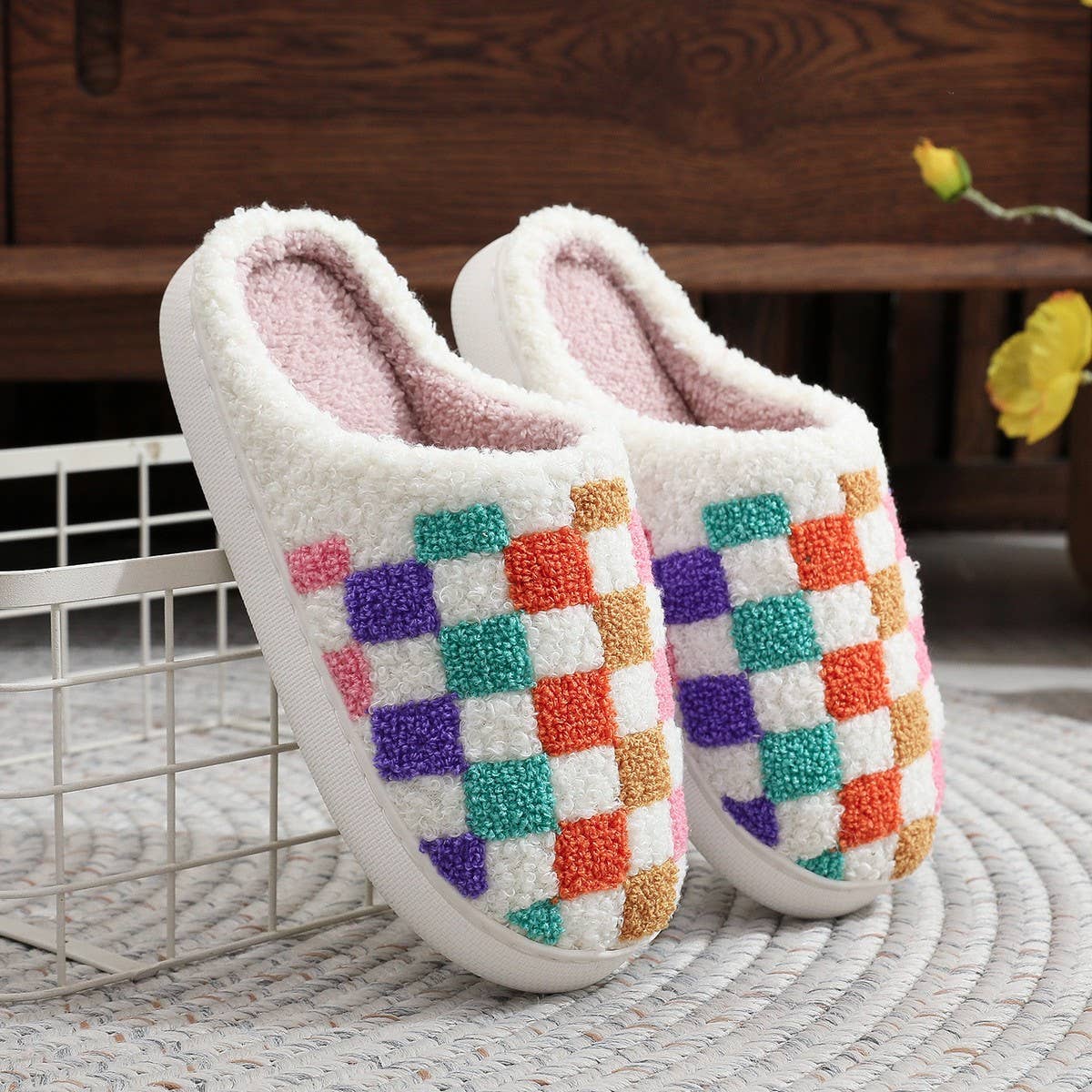 COLORFUL PLAID PRINT EMBROIDERED COTTON SLIPPERS
