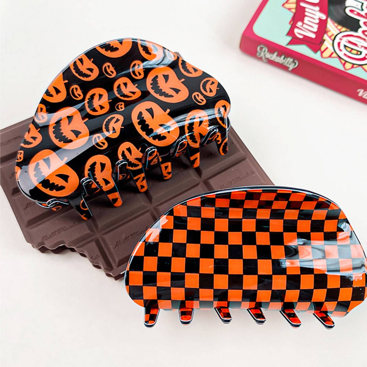 Half Circle Pumpkin Spider Web Skull Hair Clip_CWAHA1442