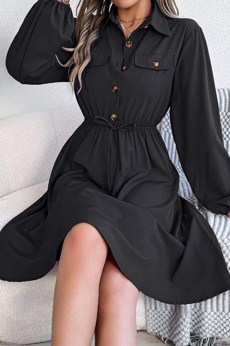 CWDSD5772_LONG-SLEEVED BUTTON-UP DRESS WITH WAIST TUCKED