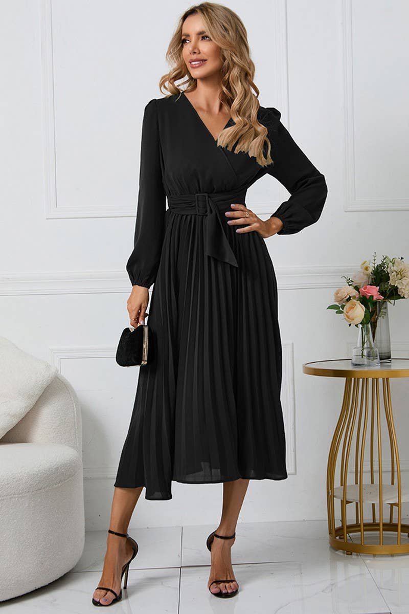 CWDMD1462_V-NECK LONG SLEEVED PLEATED DRESS