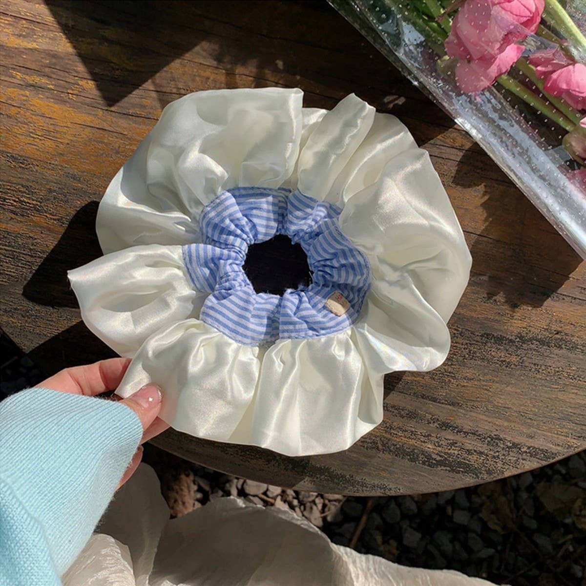 Blue Plaid Satin XL Scrunchie Hair Tie_CWAHA5518