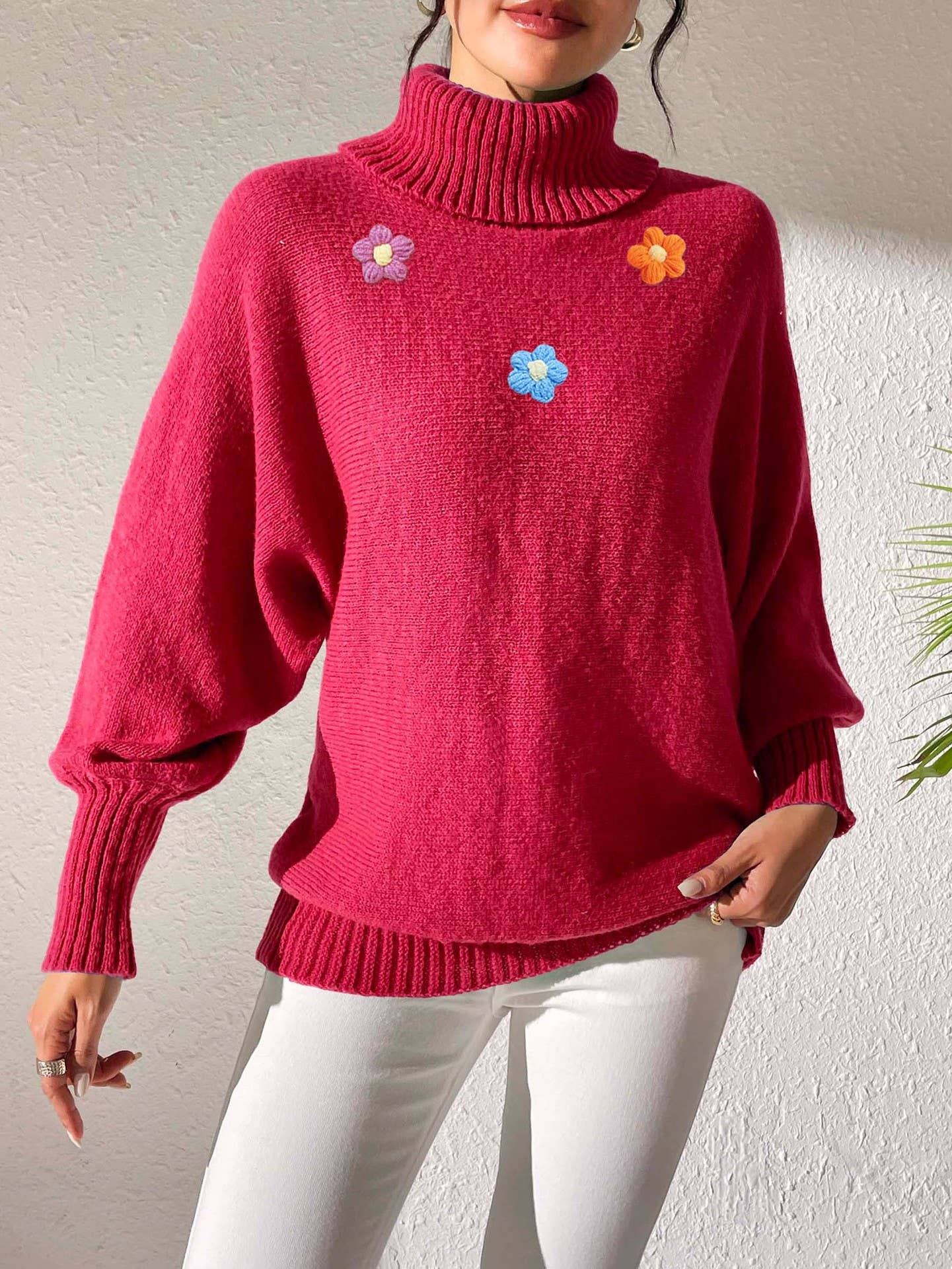 Simple hand-crocheted turtleneck sweater in a solid color